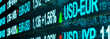 Forex trading. Close-up currency rates and symbols from USD, EUR, GBP, JPY or AUD on a trading monitor with slightly defocus at the edges. Currency and exchange rates concept. 3D illustration	