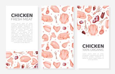 Fresh chicken meat mobile card templates set. Organic meat assortment of butchery shop, farm market banner, flyer, brochure design vector illustration