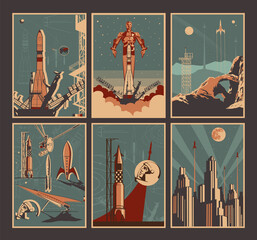 Wall Mural - vintage space posters style illustration set, space rockets, spaceships and satellites, astronauts a
