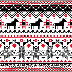 Wall Mural - Ukrainian Hutsul Pysanky vector seamless pattern with horses and stars, folk art Easter eggs repetitive design 
