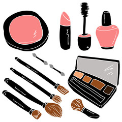 Hand drawn make up fashion set. Vector illustration.