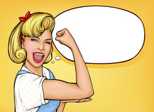 Pop Art Confident Woman Screaming And Demonstrating Strength By Roll Up Her Sleeve And Clenched Fist. Blonde Girl Showing Symbol Of Female Power, Women Rights, Feminism Protest. We Can Do It Poster.
