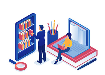 Vector of a man and a woman using internet education resources online library