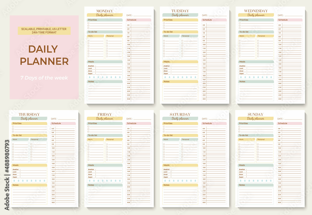 minimalist-printable-planner-page-templates-daily-planner-for-every-day-with-24-hour-time-format-schedule-tasks-notes-for-the-day-vector-graphic-set-for-daily-routine-stock-vector-adobe-stock