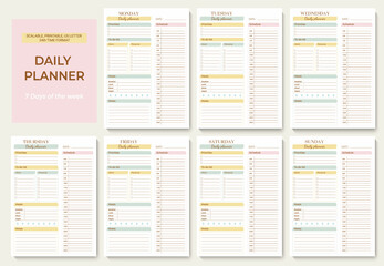Fototapete - Minimalist printable planner page templates. Daily planner for every day with 24 hour time format. Schedule, tasks, notes for the day. Vector graphic set for daily routine.