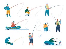 Fishermen Catching Fish With Fishing Rod, Fisher Characters. Fisherman Fishing On Boat, Outdoor Summer Recreation Activity Vector Set. Illustration Of Catch Fishing, Fisherman With Rod