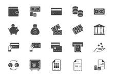 Money Flat Icons. Vector Illustration Include Icon - Currency Exchange, Payment, Withdraw, Wallet, Credit Card, Invoice, Receipt Glyph Silhouette Pictogram For Banking