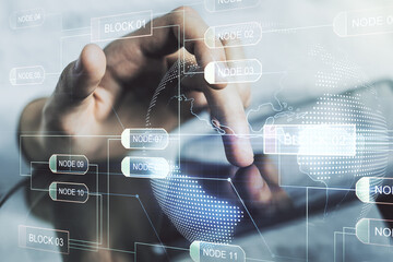 Fototapete - Double exposure of abstract programming language hologram with world map and finger clicks on a digital tablet on background, research and development concept