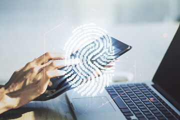 Aufkleber - Multi exposure of abstract fingerprint scan interface and hand working with a digital tablet on background, digital access concept