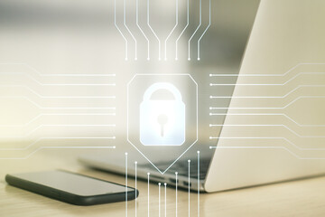 Poster - Creative lock sketch with chip hologram on modern laptop background, protection of personal data concept. Multiexposure