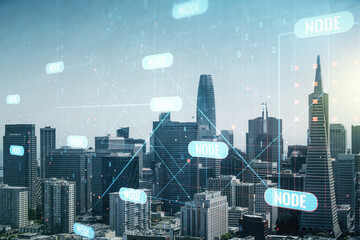 Poster - Multi exposure of abstract programming language hologram on San Francisco office buildings background, artificial intelligence and machine learning concept