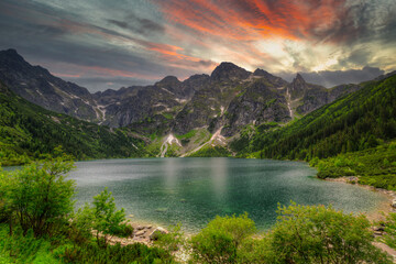 Fototapete - Tatra mountains by the Eye of the Sea lake at sunset, Poland