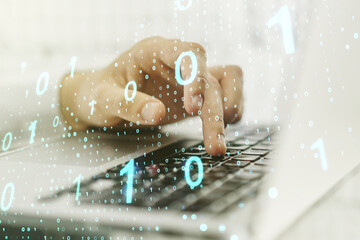 Aufkleber - Creative abstract binary code sketch and hands typing on computer keyboard on background, hacking and matrix concept. Multiexposure