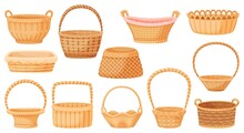 Cartoon Wicker Baskets, Picnic Basket, Empty Gift Hamper. Handmade Rattan Or Bamboo Woven Storage Container, Rural Interior Decor Vector Set. Illustration Of Empty Picnic Basket Isolated