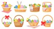 Cartoon easter baskets with painted eggs and spring flowers. Wicker basket full of chocolate egg, springtime holiday gift hampers vector set. Illustration of easter basket for holiday