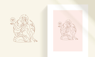 Wall Mural - beautiful bohemian female with floral decor and gemstone line art style vector illustration