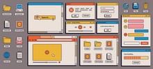 90s Retro Vaporwave Old Desktop User Interface Elements. Cute Nostalgic Computer Ui, Vintage Aesthetic Icons And Windows Vector Set. 90s Interface Digital, Retro Window Computer Illustration