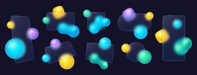 Poster - Glassmorphism frame, transparent glass plates with abstract shapes. Glass morphism phone or credit card frames with blur effect vector set. Illustration of glass frame design glassmorphism