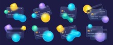 Glassmorphism Credit Card, Frosted Glass Bank Cards With Blur Effect. Transparent Matt Plastic Debit Card With Abstract Shapes Vector Set. Illustration Of Payment Card Glass Template