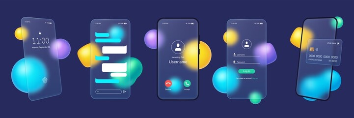 Poster - Glassmorphism smartphone, transparent glass plates with mobile app ui. Frosted glass phone screen with blurred abstract shapes vector set. Illustration of glassmorphism smartphone