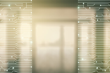 Poster - Abstract virtual microscheme illustration on empty corporate office background. Big data and database concept. Multiexposure
