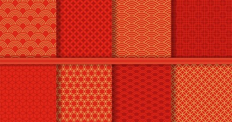 Poster - traditional chinese seamless pattern, golden asian background. red and gold japanese wave ornaments,