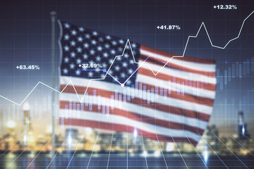 Multi exposure of virtual abstract financial diagram on US flag and city background, banking and accounting concept