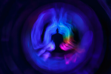 Poster - Yoga meditation in lotus pose with aura spiritual. Abstract blurred background