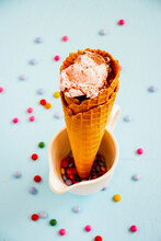 Ice Cream In Waffle Cone With Smarties