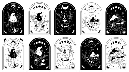 Wall Mural - mystical mushrooms. hand drawn vector. esoteric clipart