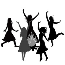 Silhouettes Of Witches Dancing Around The Fire