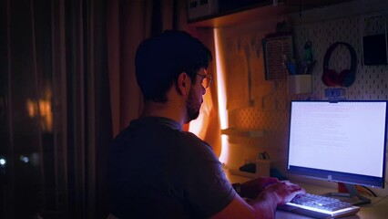 young adult man working on the computer at home, man is typing on keyboard at night, programmer coding from home office