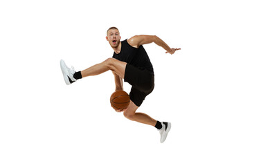 Dynamic portrait of basketball player jumping with ball isolated on white studio background. Sport, motion, activity concepts. Dunk, jam, stuff technic