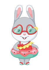 Wall Mural - Cute bunny in beachwear and sunglasses with swimming circle. Cartoon vector illustration