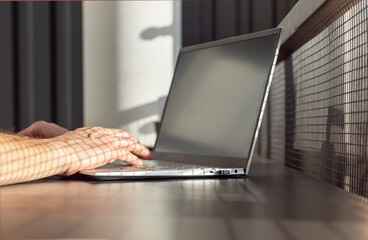Poster - Female hands closeup typing text on laptop keyboard. Woman using computer for work, information search, communication. High quality photo