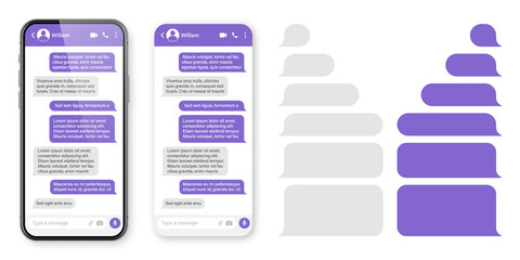 Realistic smartphone with messaging app. Blank SMS text frame. Conversation chat screen with violet message bubbles. Social media application. Vector illustration.