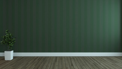 empty room with lined green wallpaper wall concept 3d rendering