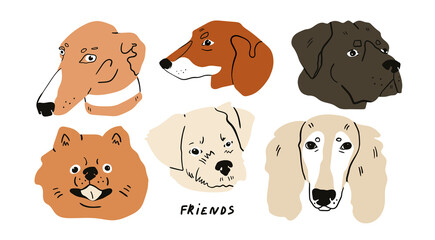 Wall Mural - Portraits of various Dogs. Cute adorable puppies. Different breeds. Cartoon style. Best friends, animal care concept. Hand drawn Vector illustration. Every head is isolated