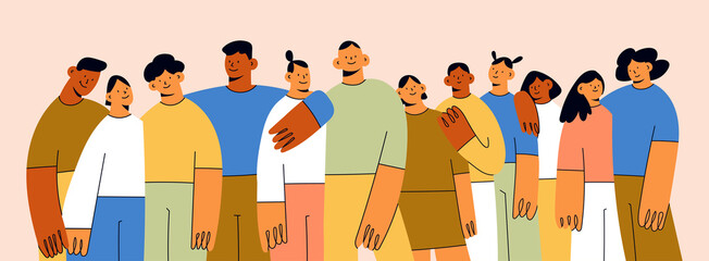 Wall Mural - Group of abstract diverse people. Friends or coworkers are standing, hugging, posing together. Cartoon characters. Teamwork, togetherness, friendship concept. Hand drawn colorful Vector illustration