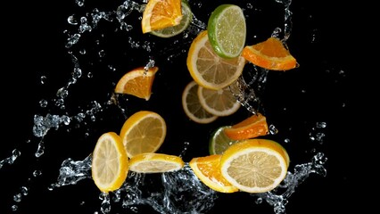 Aufkleber - Super slow motion of rotating lime, orange and lemon slices. Filmed on high speed cinema camera, 1000 fps. Top shot.