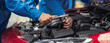 Banner of automobile mechanic man and team checking car damage broken part condition, diagnostic and repairing vehicle at garage automotive, motor technician maintenance after service concept