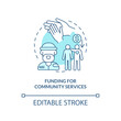 Funding for community services turquoise concept icon. Receiving grants abstract idea thin line illustration. Isolated outline drawing. Editable stroke. Arial, Myriad Pro-Bold fonts used