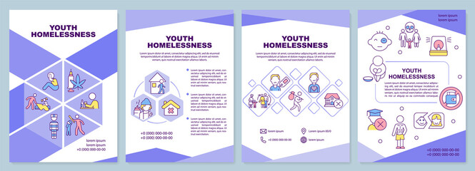 Youth homelessness purple brochure template. Child becoming homeless. Leaflet design with linear icons. 4 vector layouts for presentation, annual reports. Arial-Black, Myriad Pro-Regular fonts used