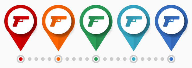 Poster - Gun, pistol concept vector icon set, flat design weapon pointers, infographic template easy to edit