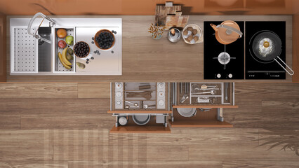 Wall Mural - Orange and wooden kitchen close up top view, open drawers with accessories, sink with fruit, hob with pot, egg in a pan, cutting boards. Plan, above with copy space, interior design