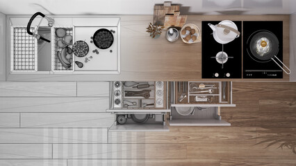 Wall Mural - Architect interior designer concept: hand-drawn draft unfinished project that becomes real, kitchen close up top view, open drawers, sink with fruit, hob, cutting boards. Plan, above