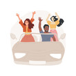 © Vector Juice - Driving cabriolet isolated cartoon vector illustration. Group of diverse teenagers having fun, leisure time, driving cabriolet, friends hanging out, racing, taking photos vector cartoon.