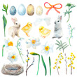 Set of easter holiday watercolor illustrations item on a white background