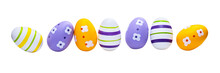Seven Multicolored Easter Eggs Isolated On A White Background.