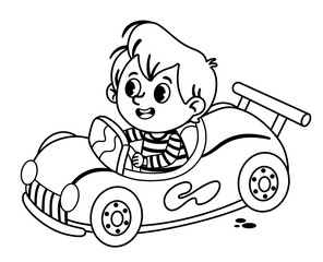 Wall Mural - Black and white vector illustration of little boy driving a toy car.